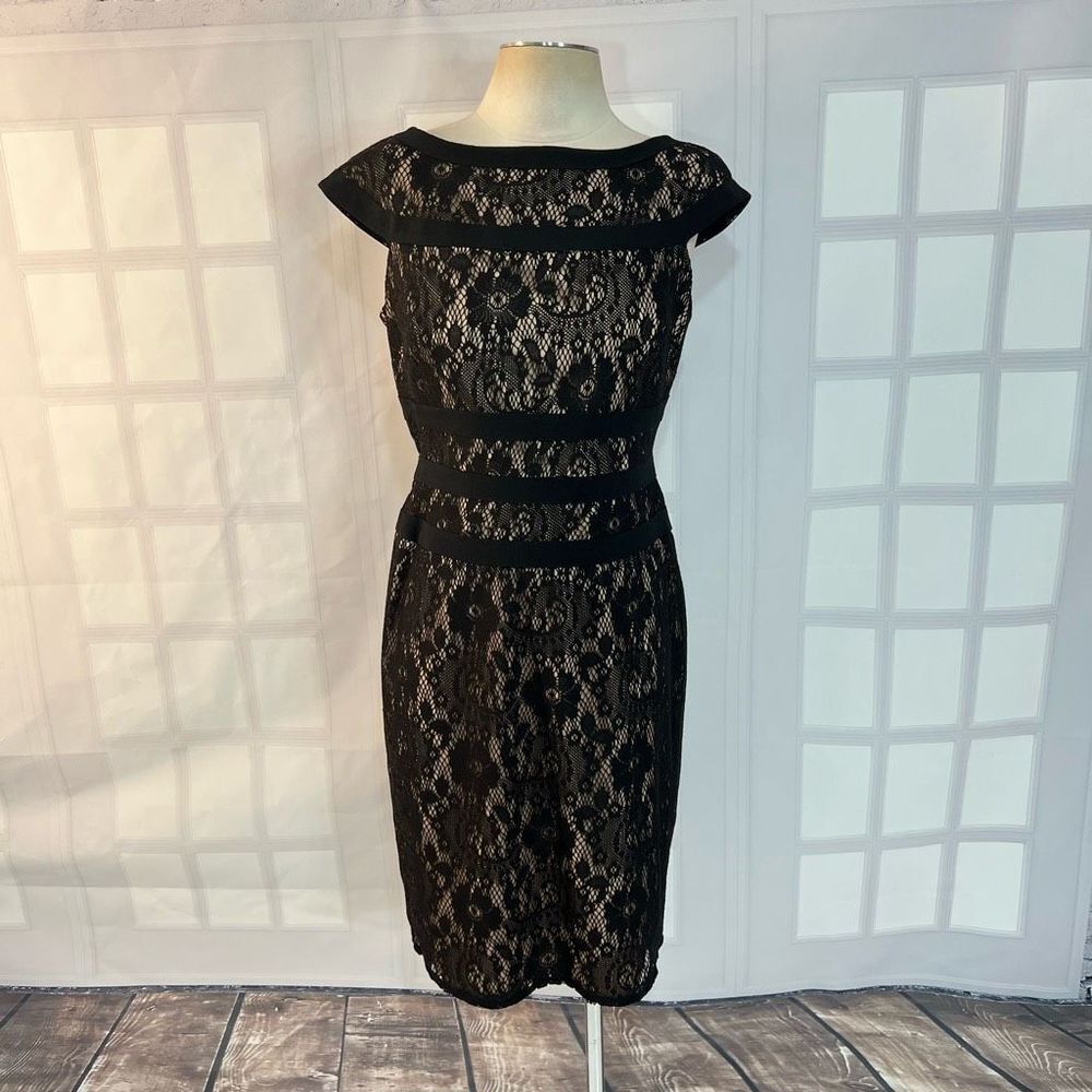 Adrianna Papell black lace nude lined cap sleeve sheath dress 8